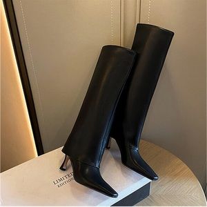 NWT Stiletto Heel Knee High Leather Square Fold Over Boots